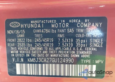 2016 Hyundai Tucson Sport из США, поврежденный, VIN KM8J3CA27GU124990